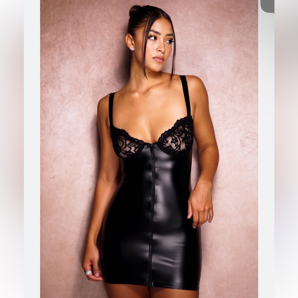 Sexy Lace + Leather dress with front full zip